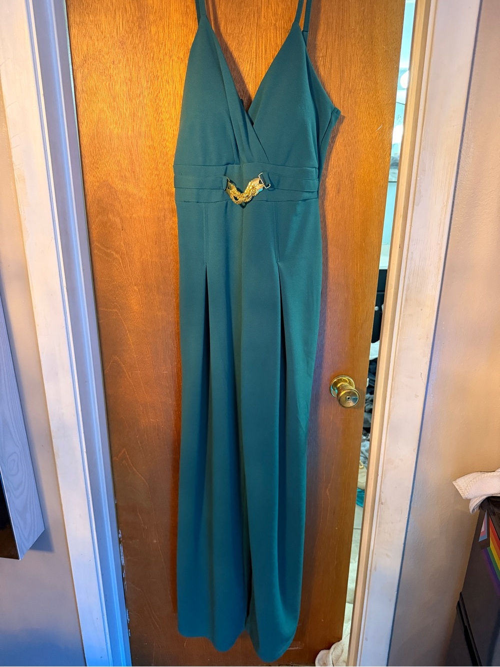 Almost Famous Teal Green Sleeveless Jumpsuit with Gold Waist Accent